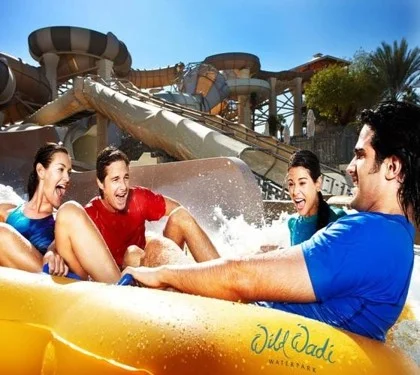 An exciting adventure at Wild Wadi Water Park in Dubai, featuring high-speed water slides, wave pools, and family-friendly attractions