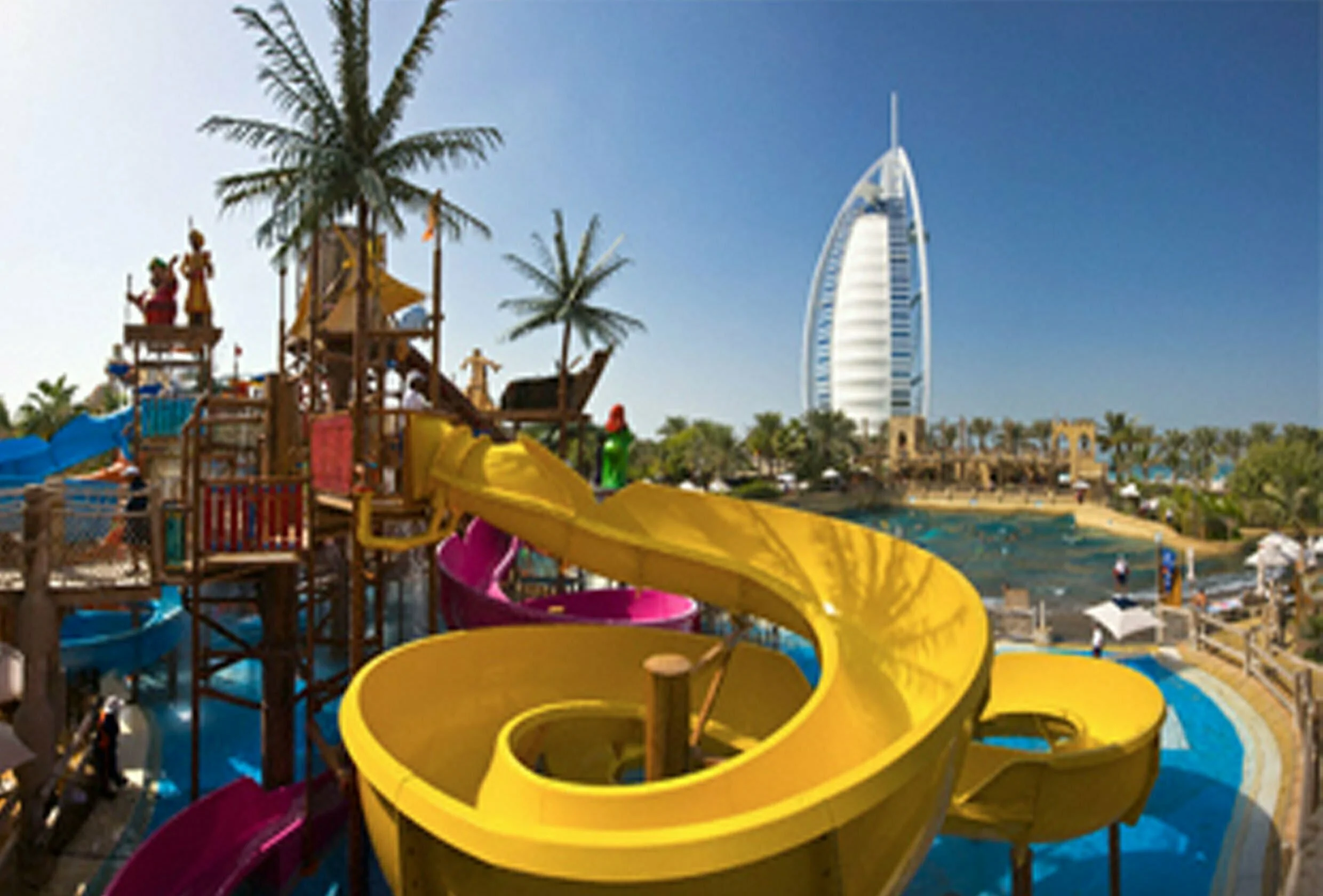 Wild Wadi Water Park in Dubai, offering thrilling water rides, wave pools, and lazy rivers